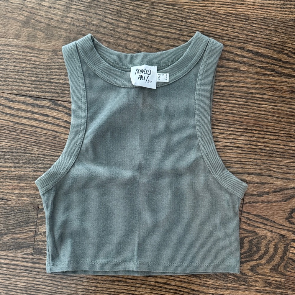 Princess Polly Sage Green Ribbed Cropped Tank